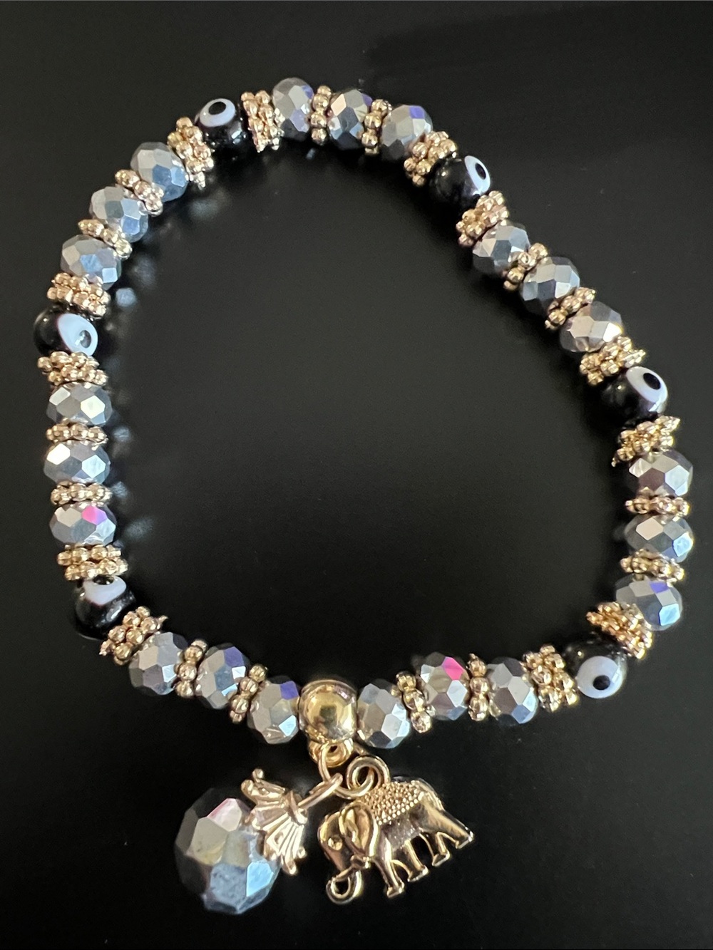 Crystal Bead, evil eye and elephant charm Bracelet